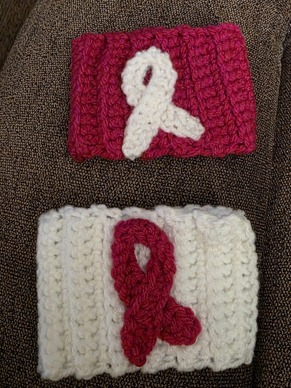 Handmade Pink and White Breast Cancer Awareness Crochet Cup Cozy